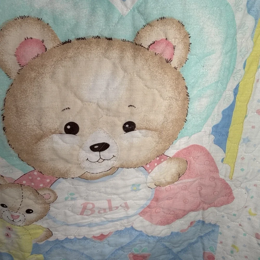 VTG Baby Crib Quilt Blanket‎ Blue Bear Elephant Duck Hearts Boys Nursery Decor
